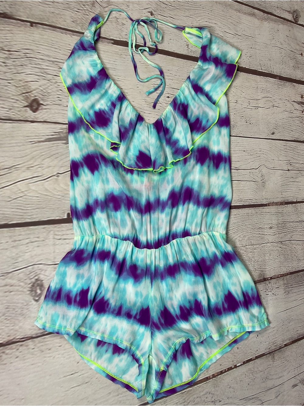 VICTORIA'S SECRET Beach Sexy NEW tie-dye ruffle aqua and purple romper, size S